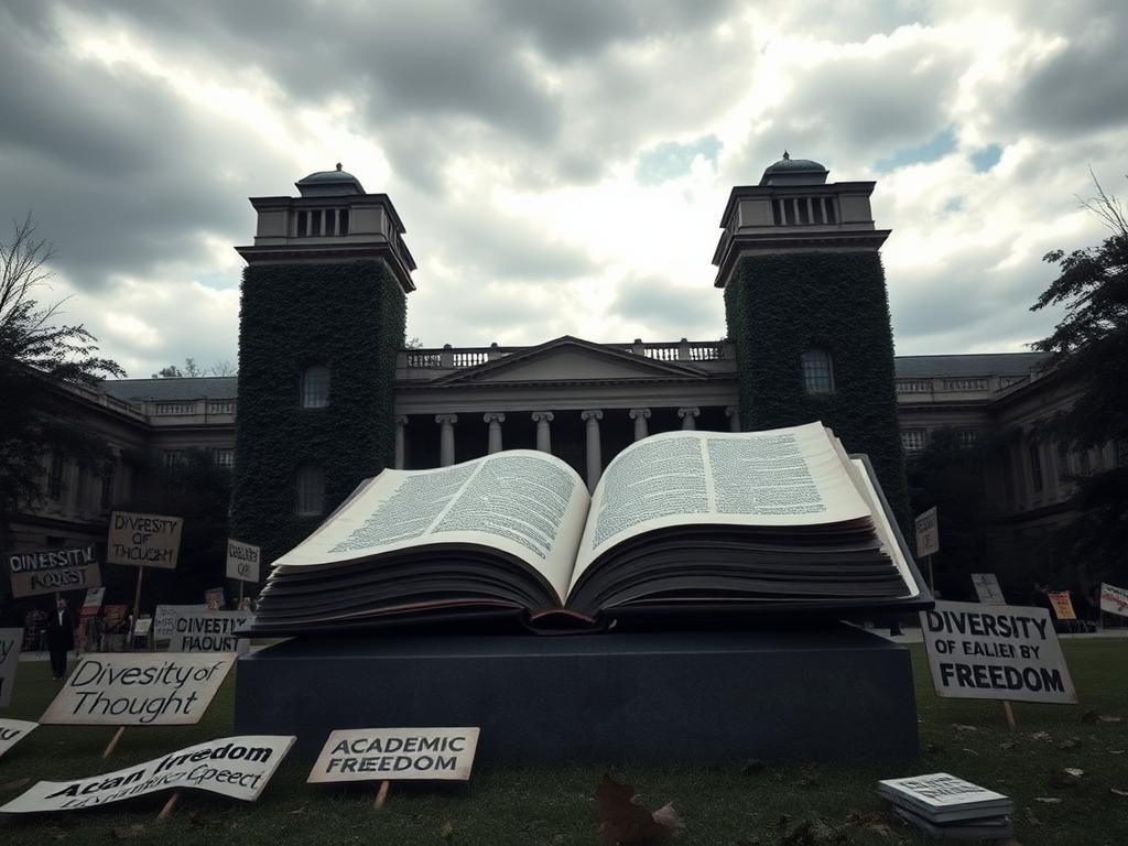 Flick International Grand traditional university campus with ivy-covered walls and a symbolic stone book representing the pursuit of knowledge.