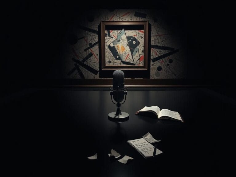 Flick International A shadowy podcast studio with a microphone and chaotic art