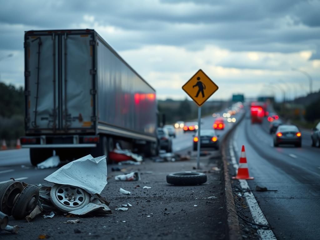 Flick International Overturned semi-truck on busy highway depicting a tragic accident scene