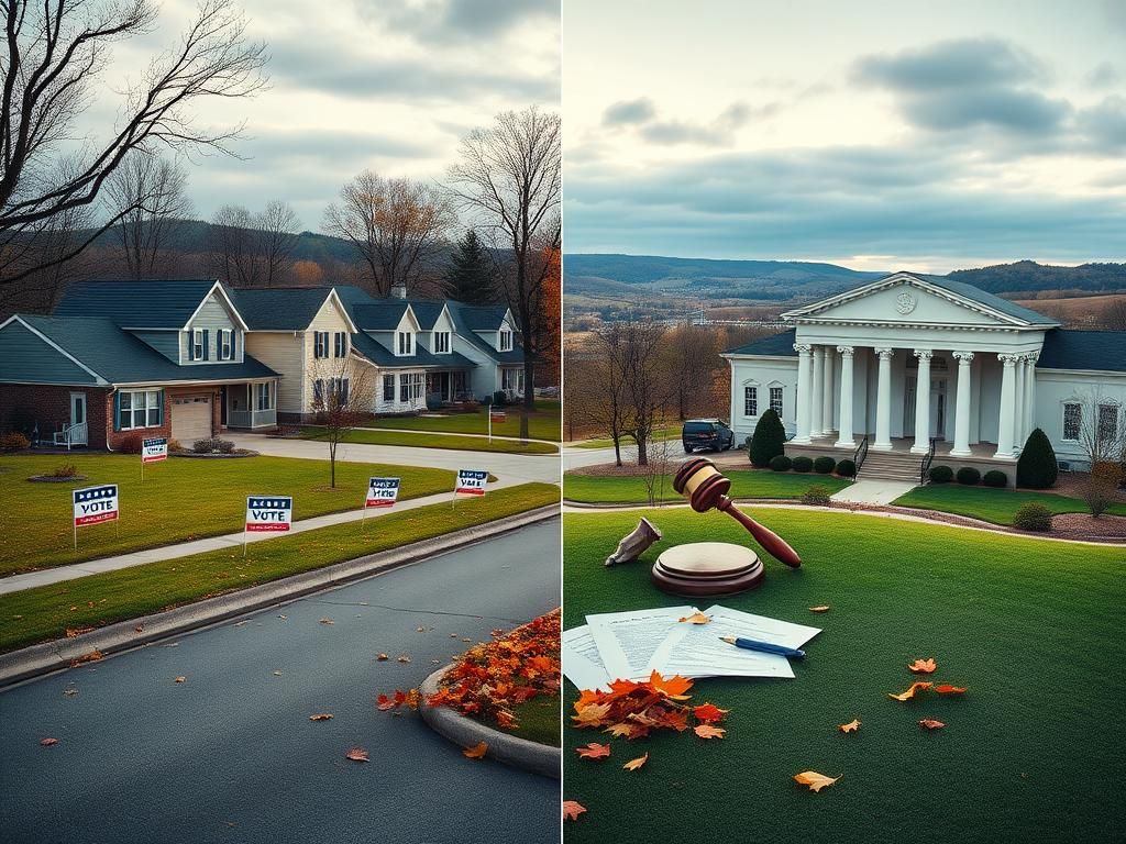 Flick International Suburban neighborhood with political 'Vote' signs and a courthouse, reflecting the election tension in Virginia