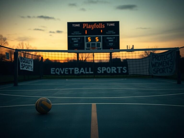 Flick International Desolate high school volleyball court at dusk, symbolizing the end of a challenging season and controversy.