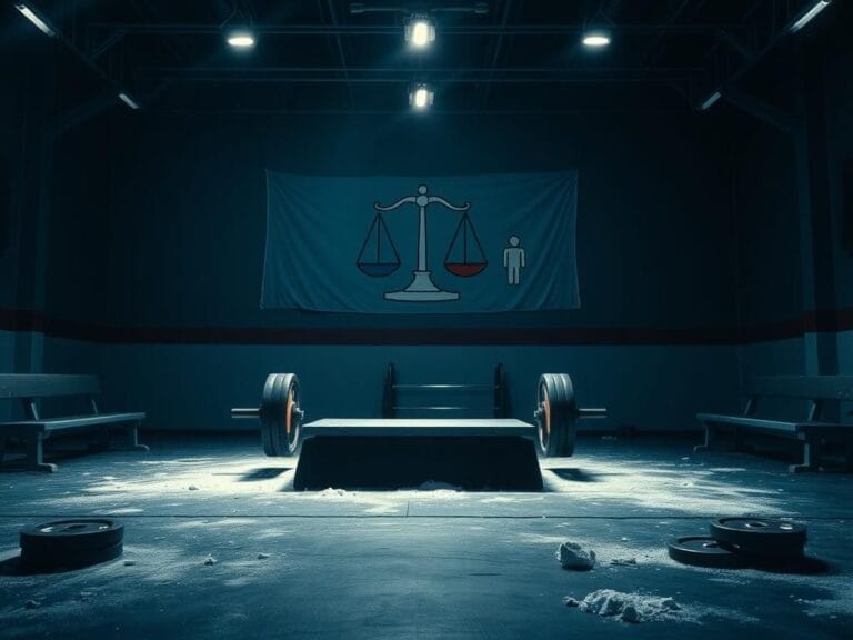 Flick International A dimly lit powerlifting gym with an Olympic platform, surrounded by chalk and weights, illustrating competition tension.