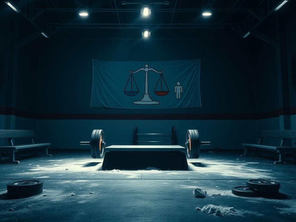 Flick International A dimly lit powerlifting gym with an Olympic platform, surrounded by chalk and weights, illustrating competition tension.