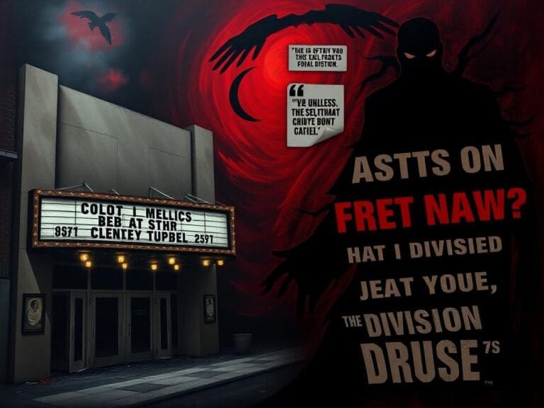 Flick International A dramatic representation of a crumbling movie theater marquee contrasting with a shadowy figure symbolizing political controversy.