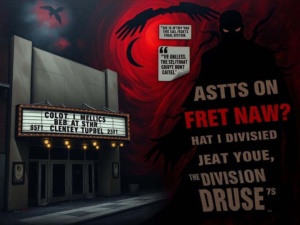 Flick International A dramatic representation of a crumbling movie theater marquee contrasting with a shadowy figure symbolizing political controversy.