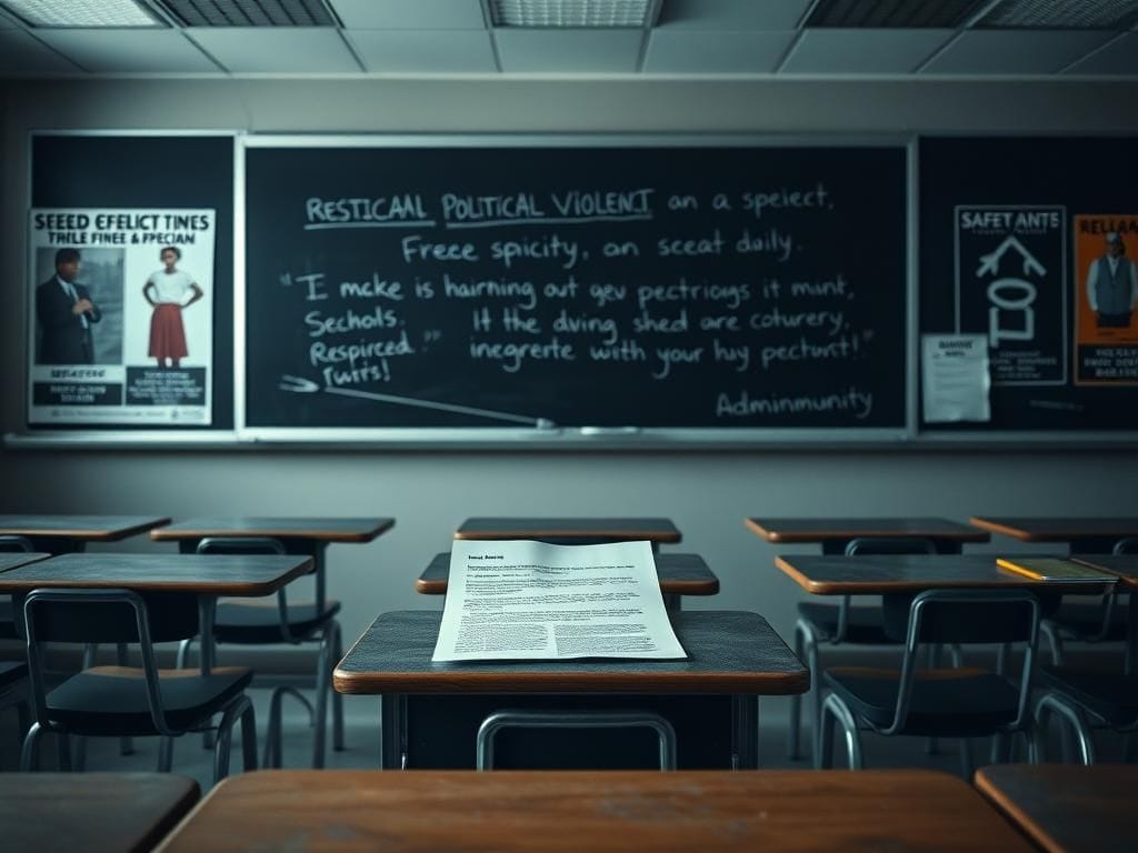 Flick International Dimly lit classroom with empty desks, illustrating the silence in Chicago schools regarding disciplinary measures.