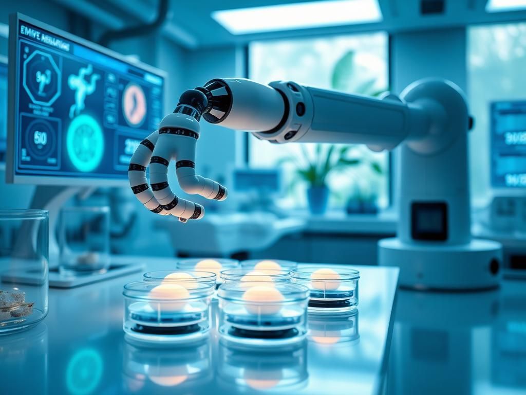 Flick International A futuristic robotic arm delicately handling embryo culture plates in a high-tech IVF laboratory.