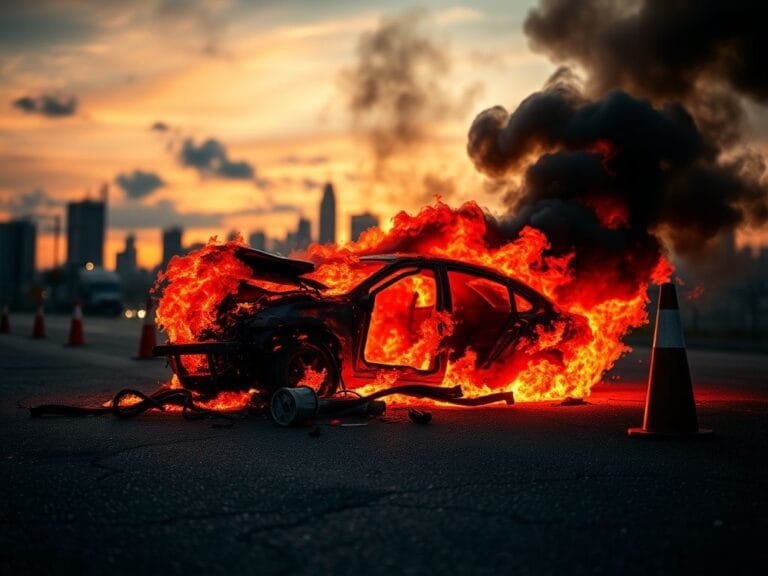 Flick International Fiery car crash scene with twisted metal and smoke