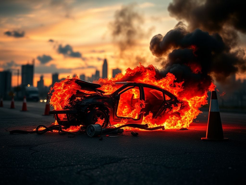 Flick International Fiery car crash scene with twisted metal and smoke