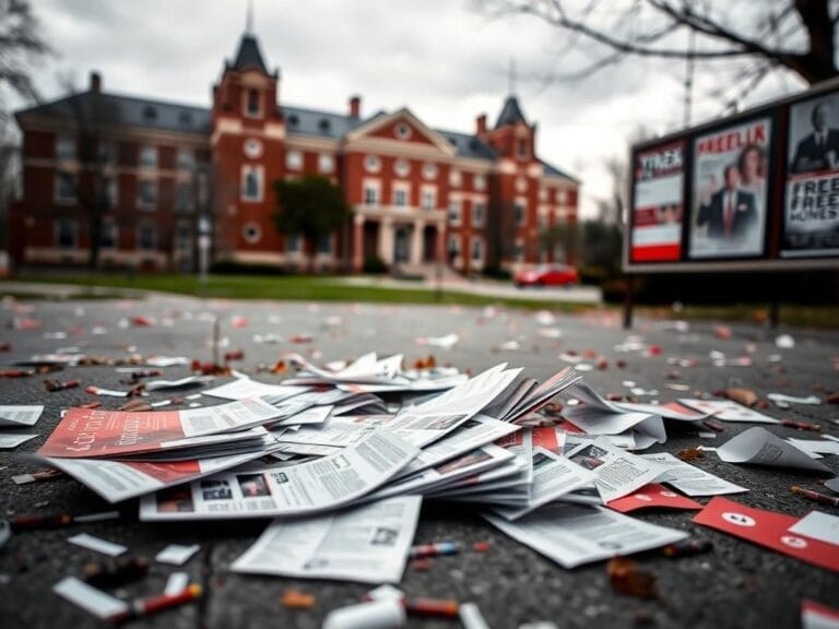 Flick International University campus scene with a flipped table, scattered pamphlets, and a red-brick building in the background