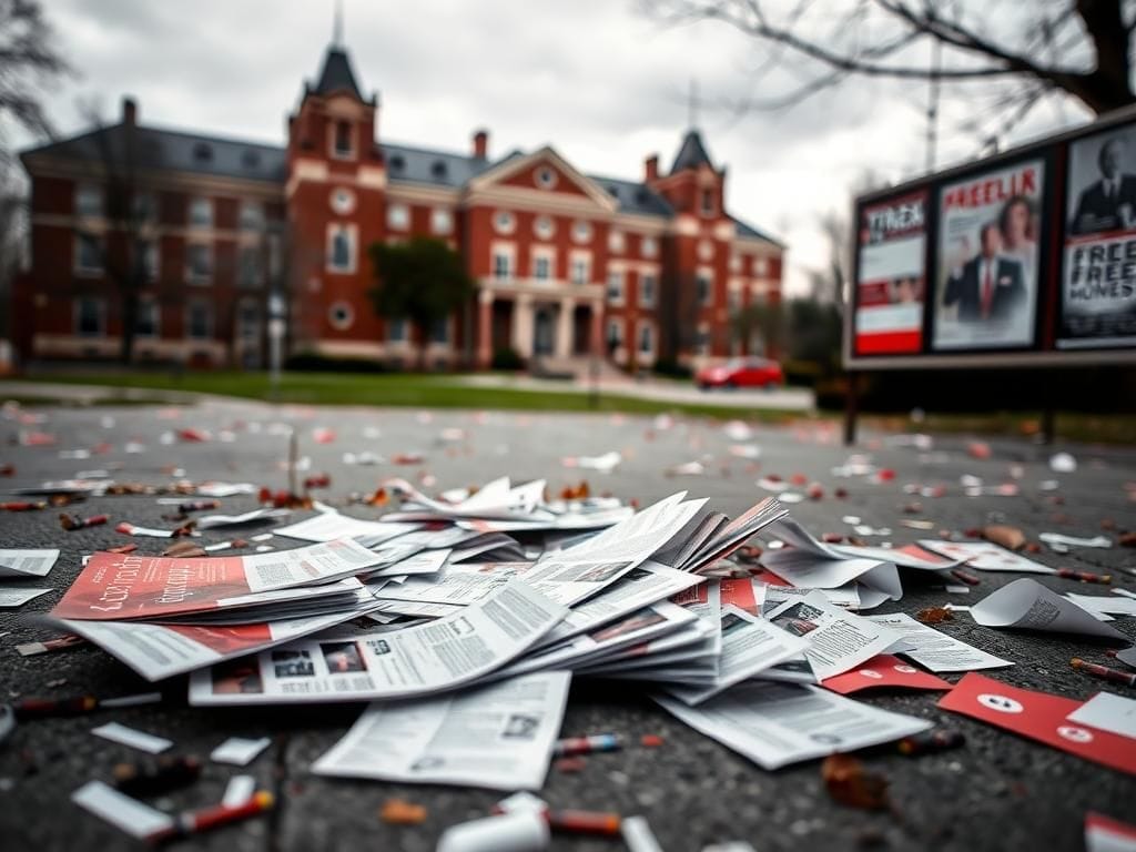 Flick International University campus scene with a flipped table, scattered pamphlets, and a red-brick building in the background