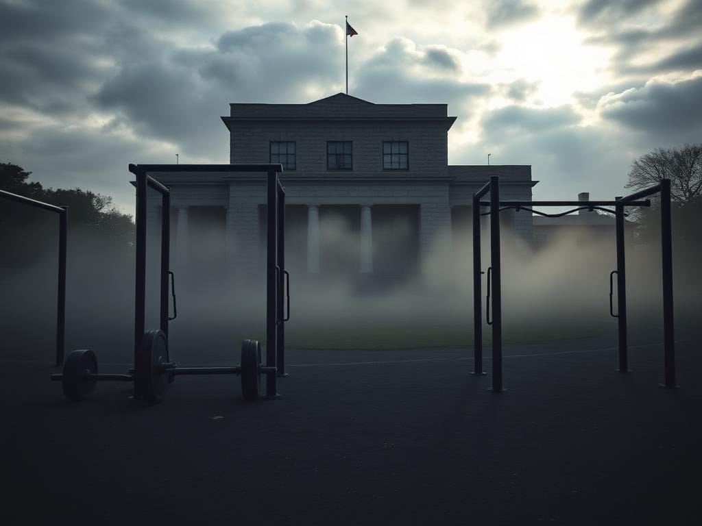 Flick International A desolate military training ground at dawn with abandoned gym equipment symbolizing fitness discipline.