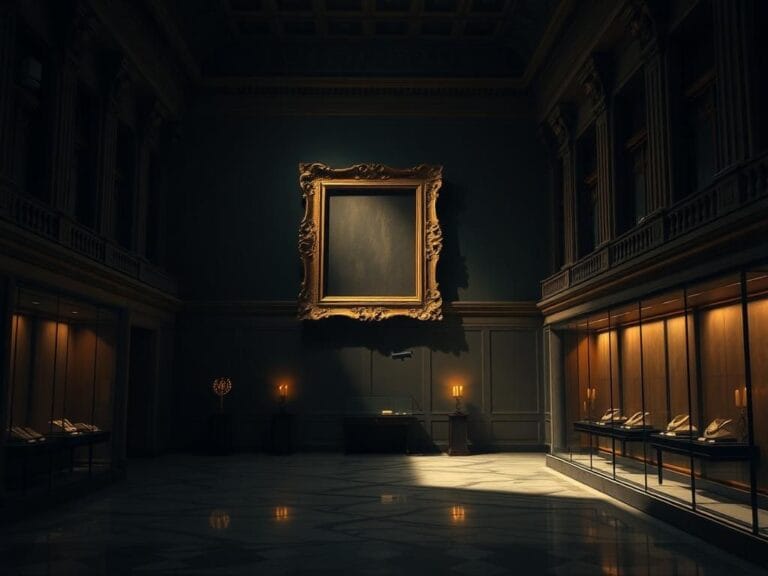 Flick International Grand interior of the Louvre Museum showcasing empty display cases and a large gilded frame