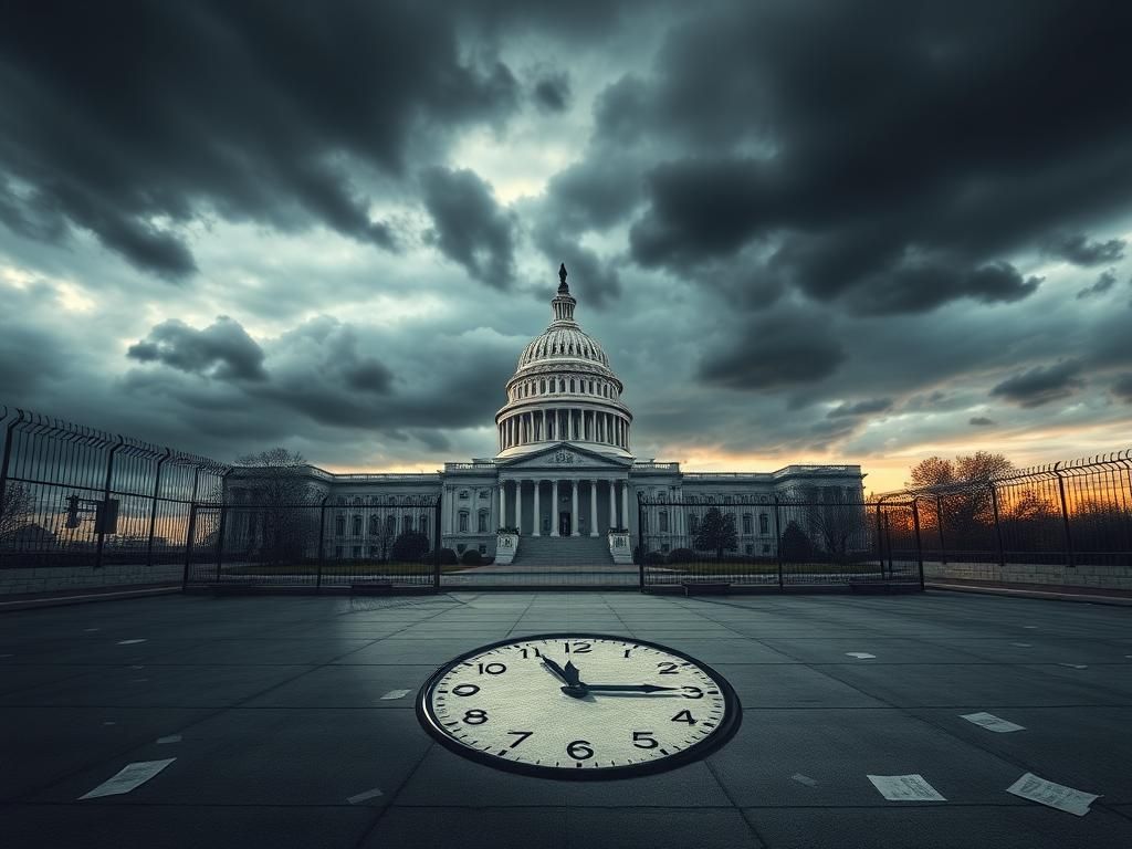 Flick International U.S. Capitol building under a heavy gray sky with a broken clock in the foreground