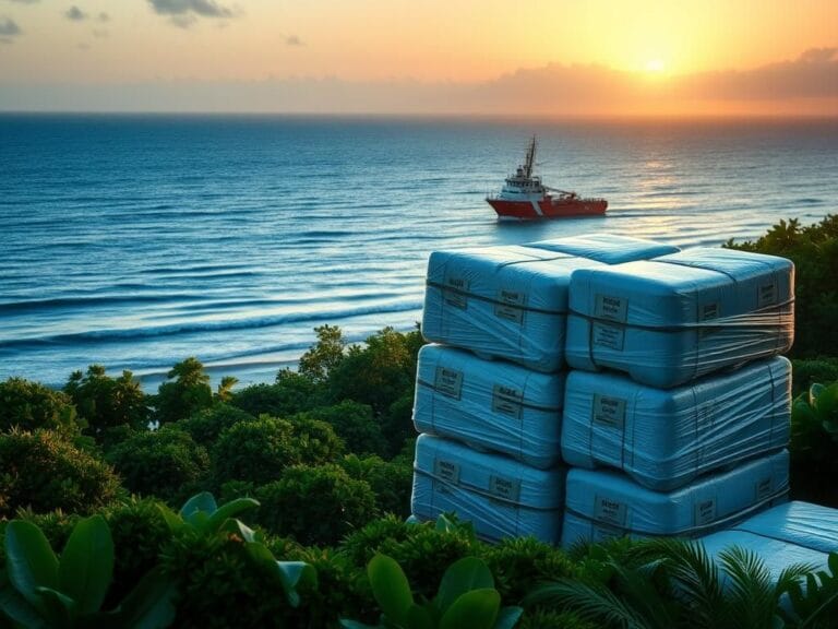 Flick International Large, neatly stacked cocaine bales on a serene coastal landscape at dawn