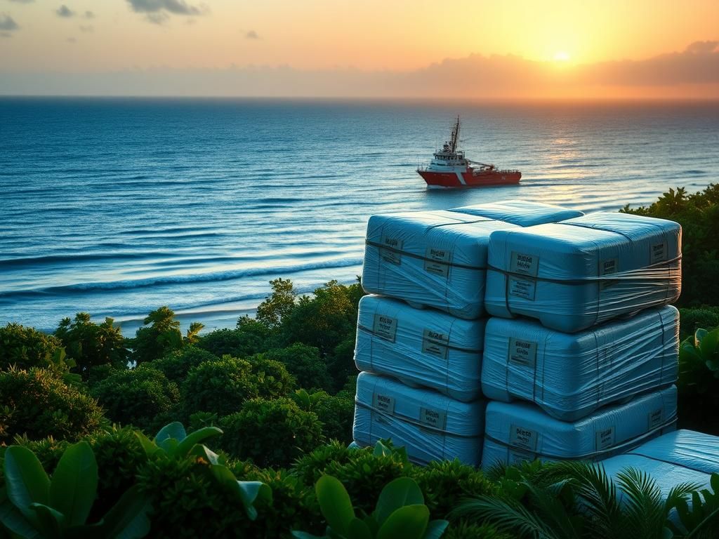 Flick International Large, neatly stacked cocaine bales on a serene coastal landscape at dawn