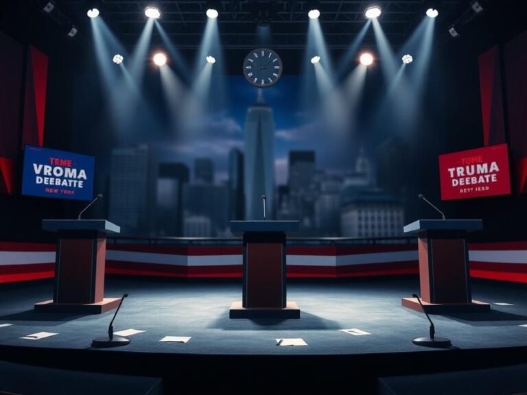 Flick International Empty debate podium in New York City with political campaign banners