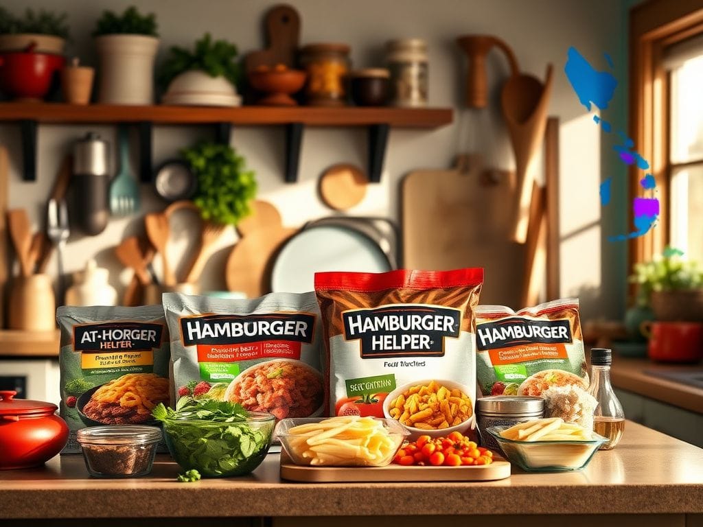 Flick International Cozy kitchen scene with vibrant at-home meal kits including Hamburger Helper and fresh ingredients.