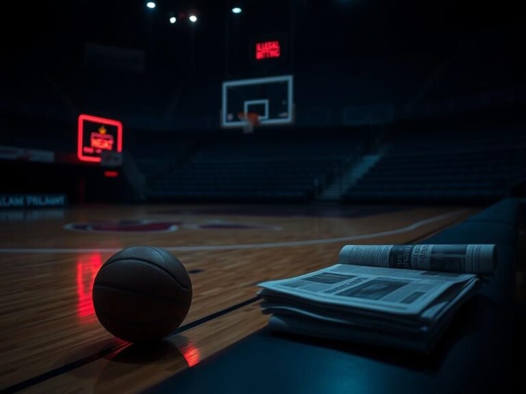 Flick International Dimly lit basketball court with Miami Heat logo and a basketball on the floor