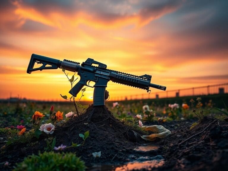 Flick International A serene landscape with a flourishing garden and a rusted AR-15 entwined with vines, symbolizing life and death