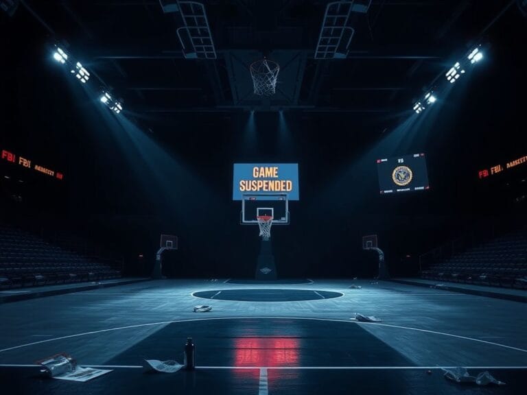Flick International Empty basketball court with a hoop and digital scoreboard indicating game suspension