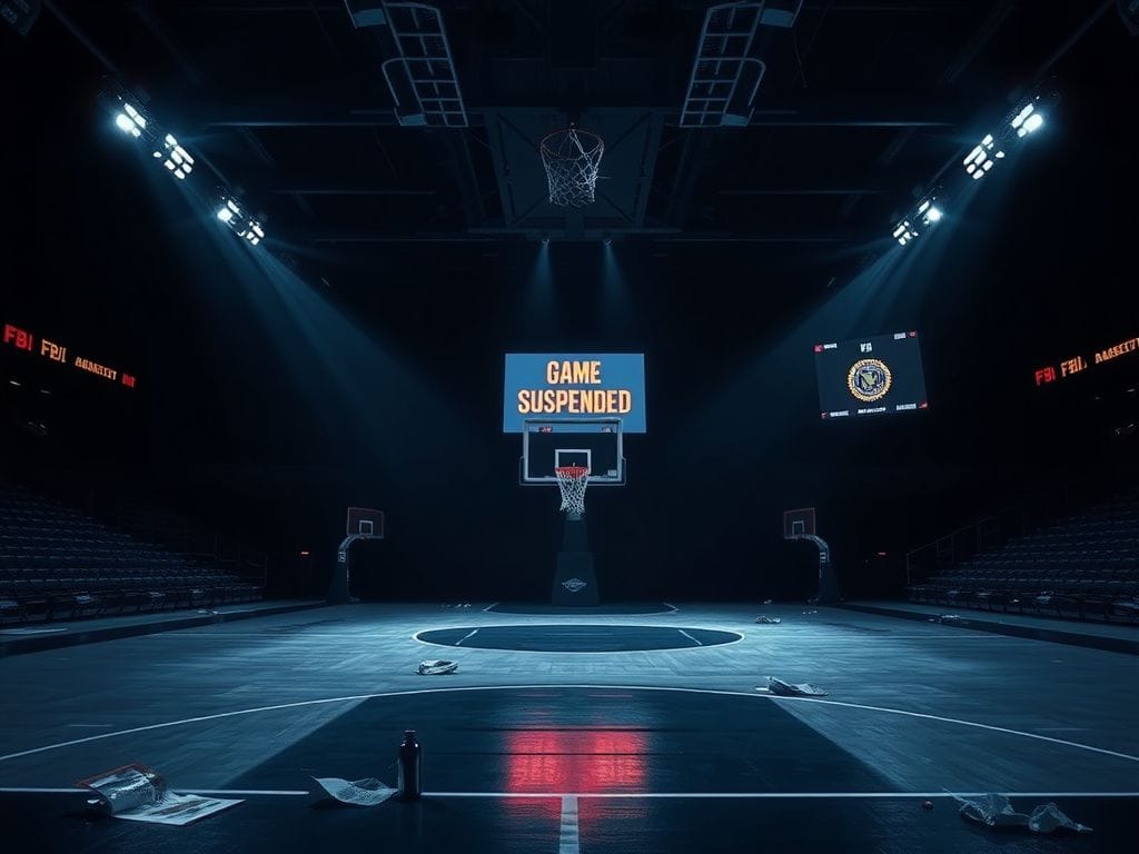 Flick International Empty basketball court with a hoop and digital scoreboard indicating game suspension