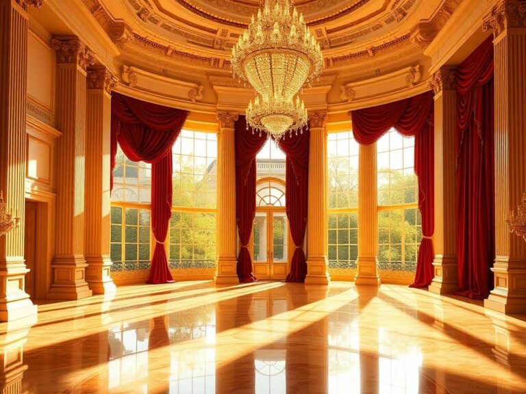 Flick International A grand architectural rendering of the opulent ballroom in the East Wing of the White House, showcasing classical design elements.