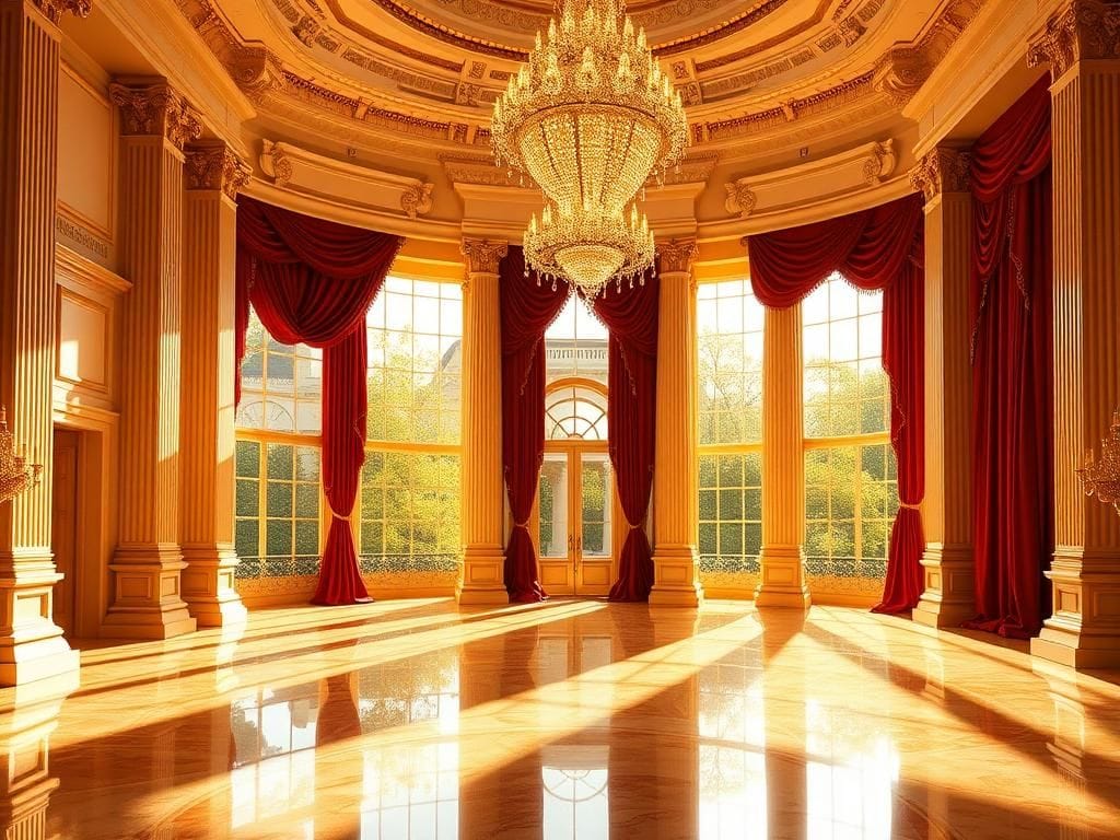 Flick International A grand architectural rendering of the opulent ballroom in the East Wing of the White House, showcasing classical design elements.