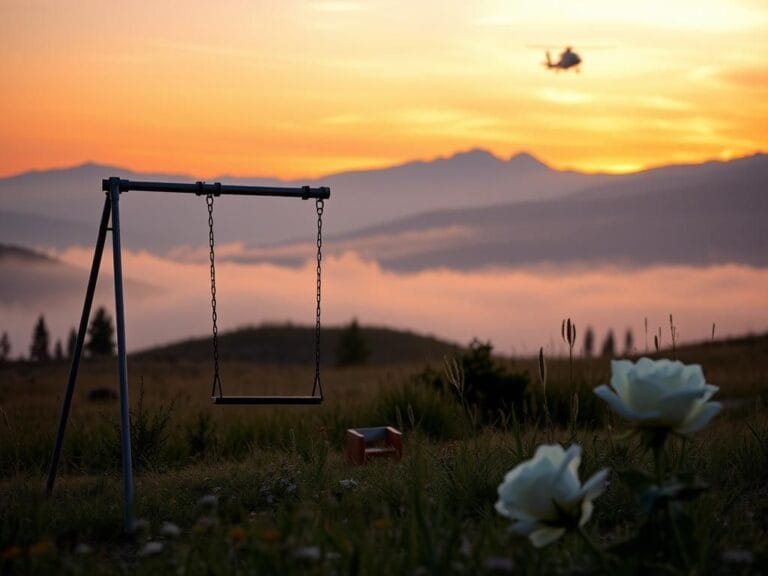 Flick International A serene landscape in Montana with a children's swing set and a distant helicopter silhouette