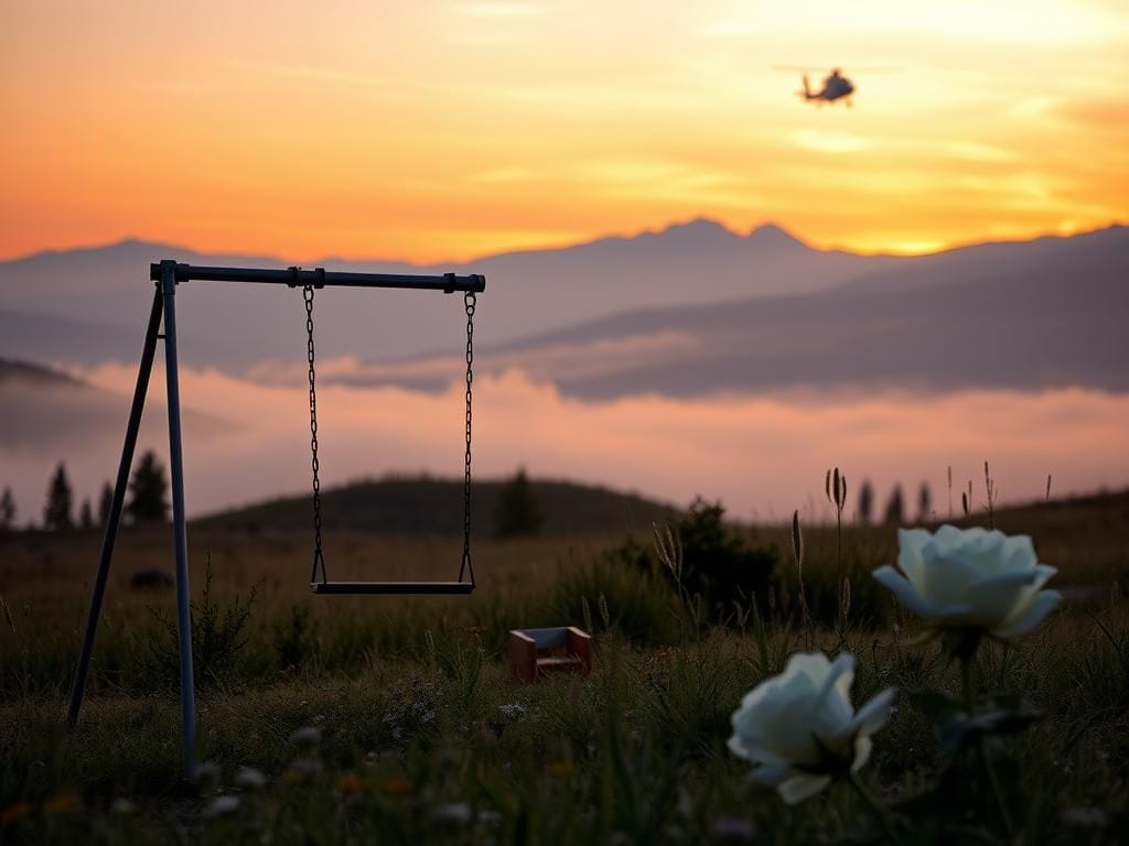 Flick International A serene landscape in Montana with a children's swing set and a distant helicopter silhouette