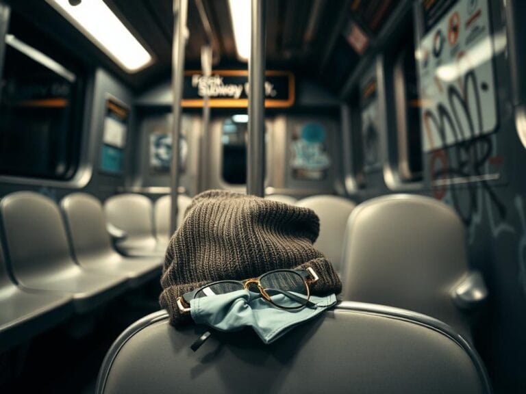 Flick International A close-up of a beanie, glasses, and face mask on a NYC subway seat