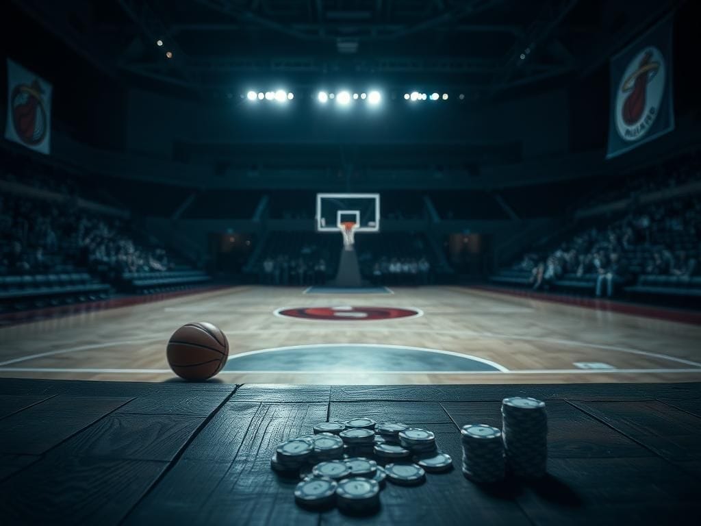Flick International Dimly lit basketball court with a discarded basketball and abandoned sneakers amidst shadows representing a scandal in sports.