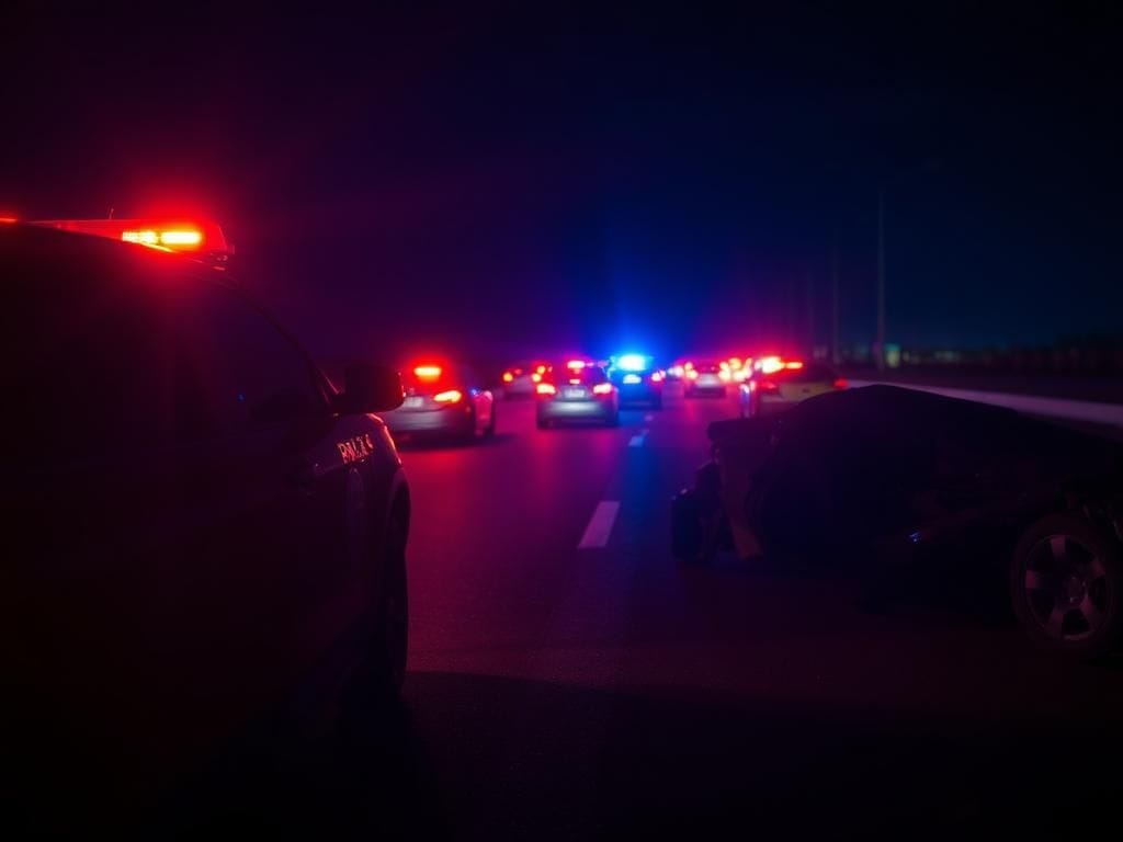 Flick International Police vehicle at a crash scene with emergency lights illuminating the wet asphalt