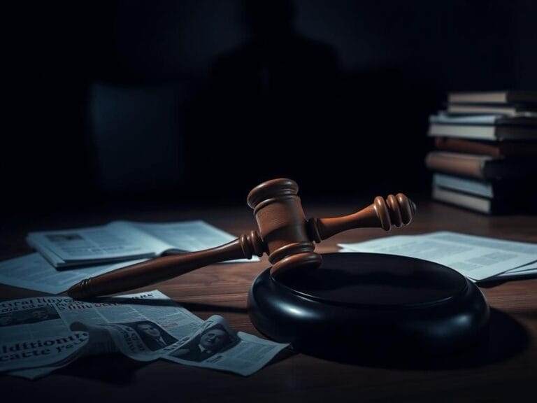 Flick International Dimly lit courtroom scene with a wooden gavel symbolizing legal proceedings