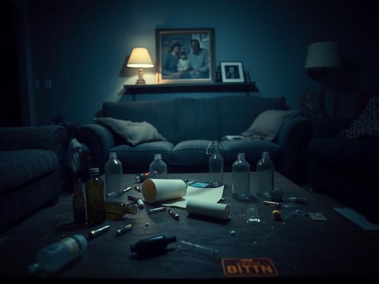 Flick International Dimly lit living room scene with cluttered coffee table and drug paraphernalia