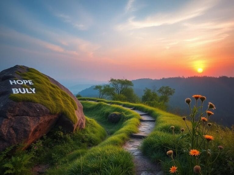 Flick International A serene landscape featuring a winding path through a lush green forest with a large boulder symbolizing the challenge of Parkinson's disease