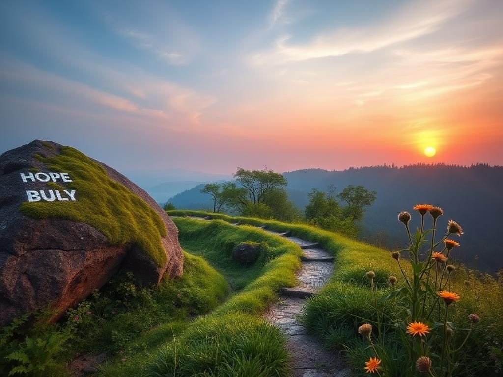 Flick International A serene landscape featuring a winding path through a lush green forest with a large boulder symbolizing the challenge of Parkinson's disease