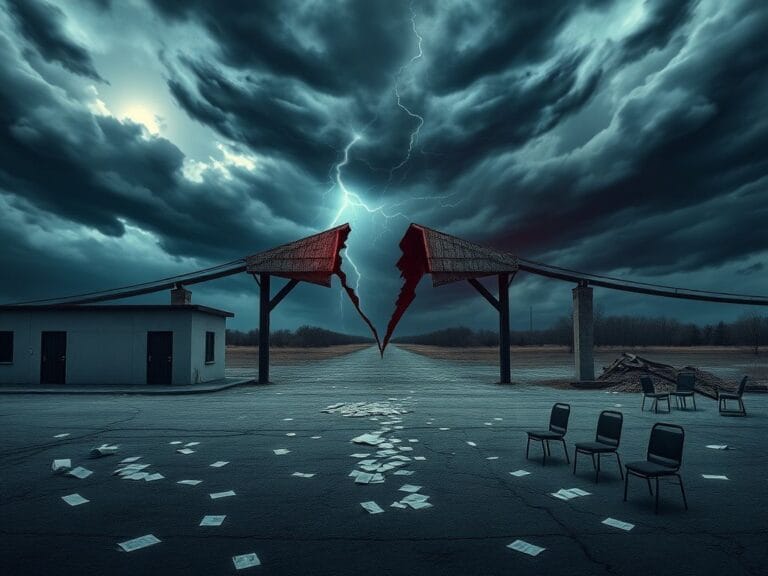 Flick International A broken bridge representing the government shutdown, with a deserted landscape and dark skies