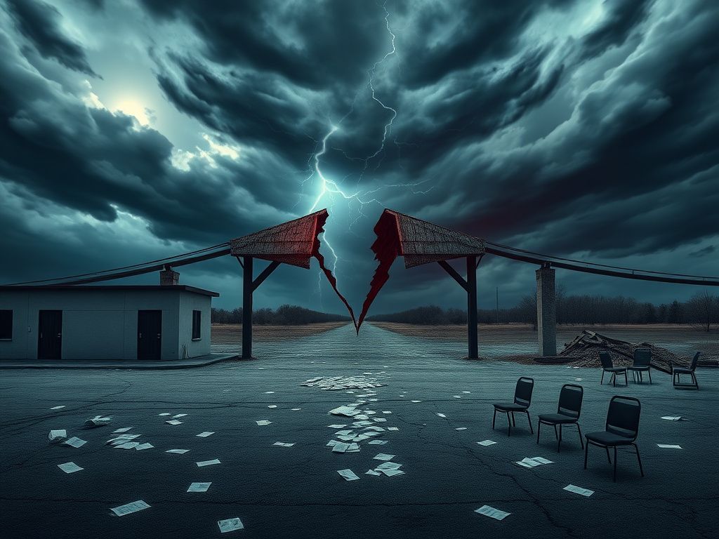 Flick International A broken bridge representing the government shutdown, with a deserted landscape and dark skies