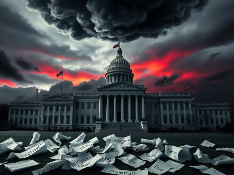 Flick International Symbolic representation of a dark cloud over ornate government buildings, illustrating political tension