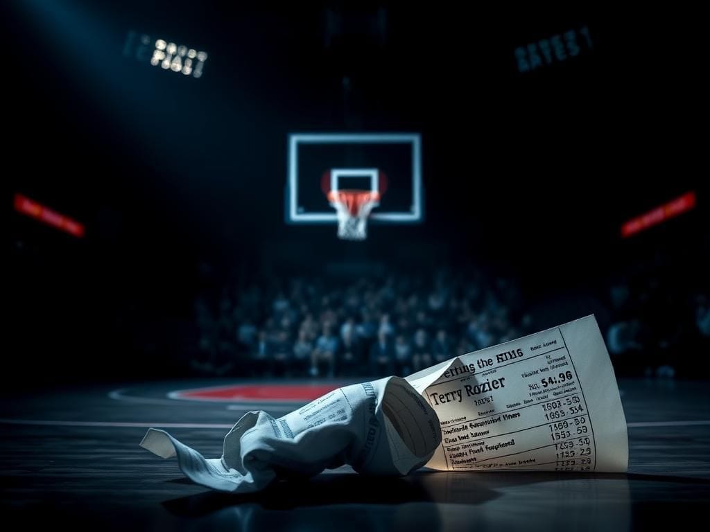 Flick International A spotlight illuminates an empty basketball hoop on a dark court symbolizing Terry Rozier's legal challenges.
