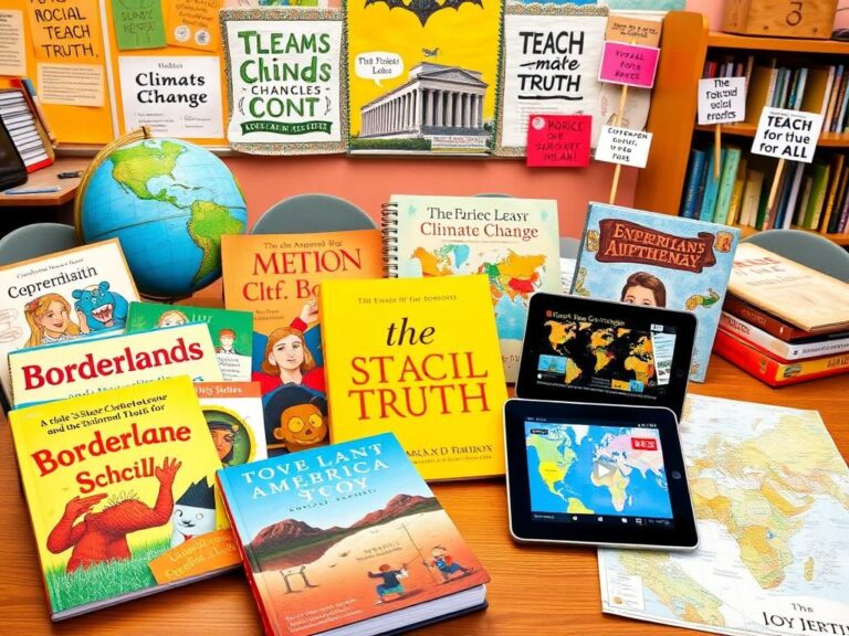 Flick International A collage of diverse educational materials in a classroom setting, including children's books on social justice and a globe.