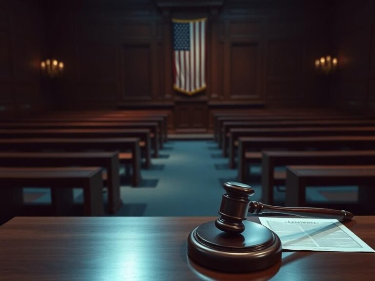 Flick International A somber courtroom scene featuring an empty witness stand with a gavel and legal documents.