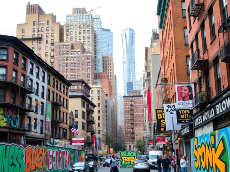 Flick International A city street scene in New York showcasing vibrant urban elements of gentrification and community activism.