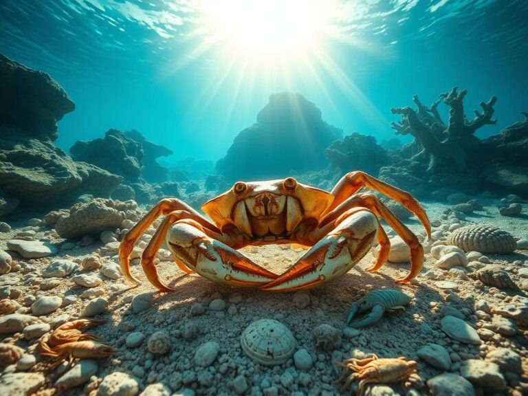 Flick International Vibrant underwater scene featuring the ancient crab species Costacopluma nicksabani on fossil-rich sediment.