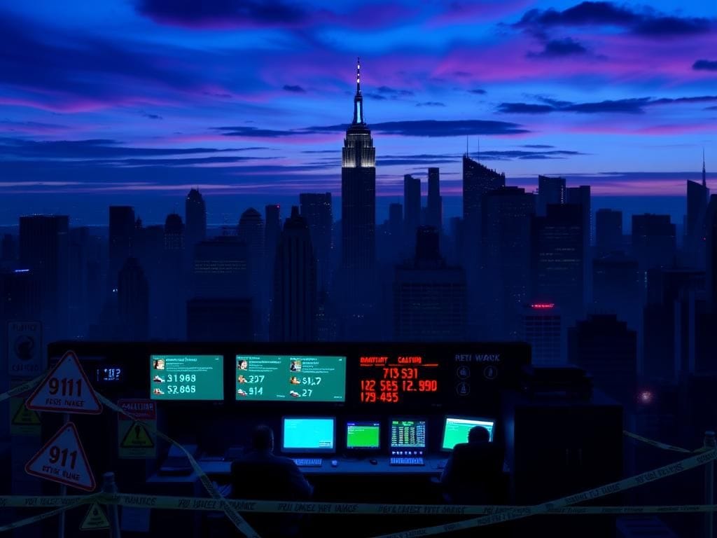 Flick International New York City skyline at dusk with a high-tech emergency call center and cautionary symbols