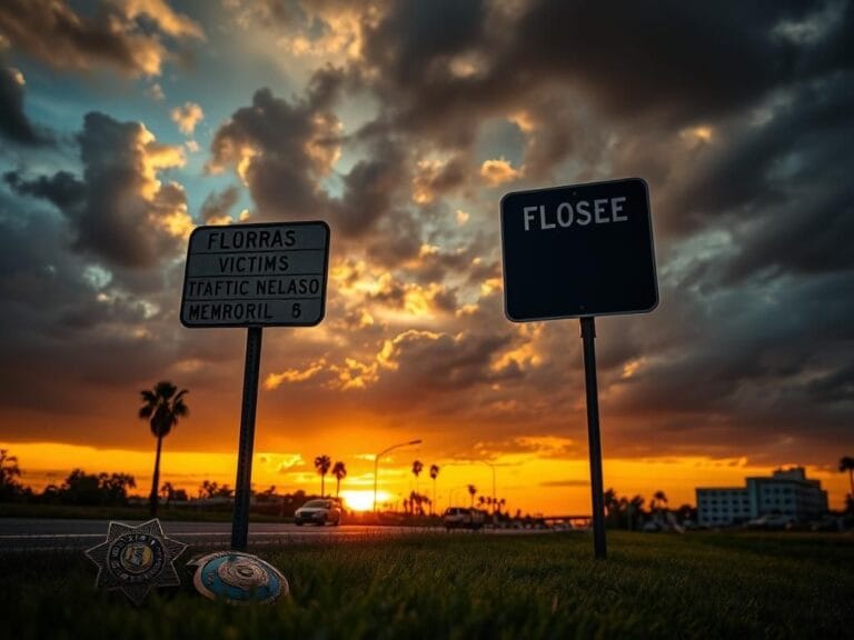 Flick International Dramatic sunset over a Florida landscape with a weathered signpost and police badge, symbolizing loss and remembrance.