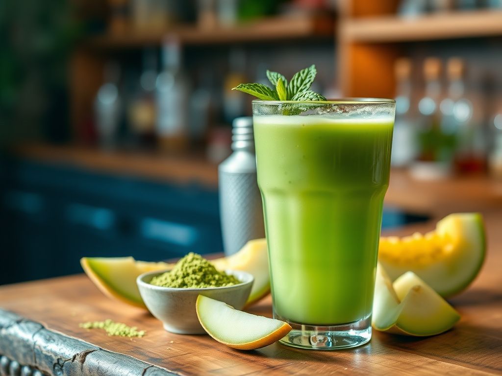 Flick International Close-up of a vibrant matcha cocktail on a rustic wooden bar counter