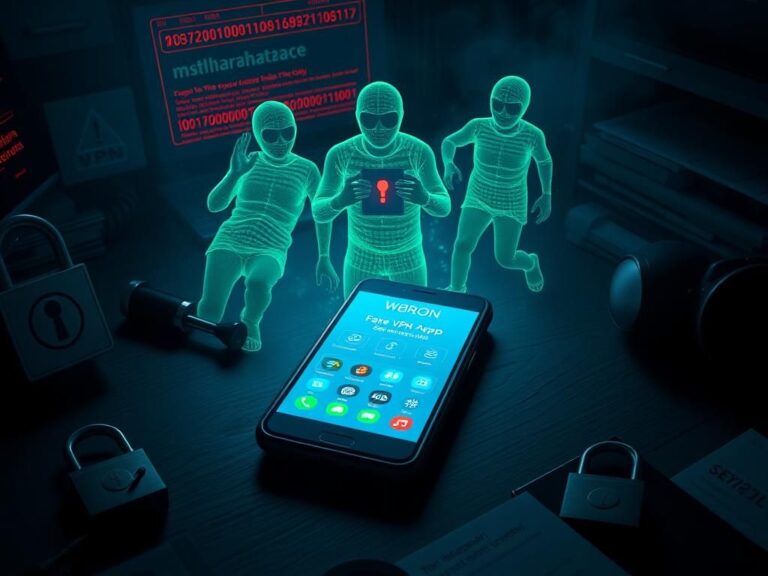 Flick International smartphone displaying a fake VPN app interface on a dark desk surrounded by shadows and malicious digital threats
