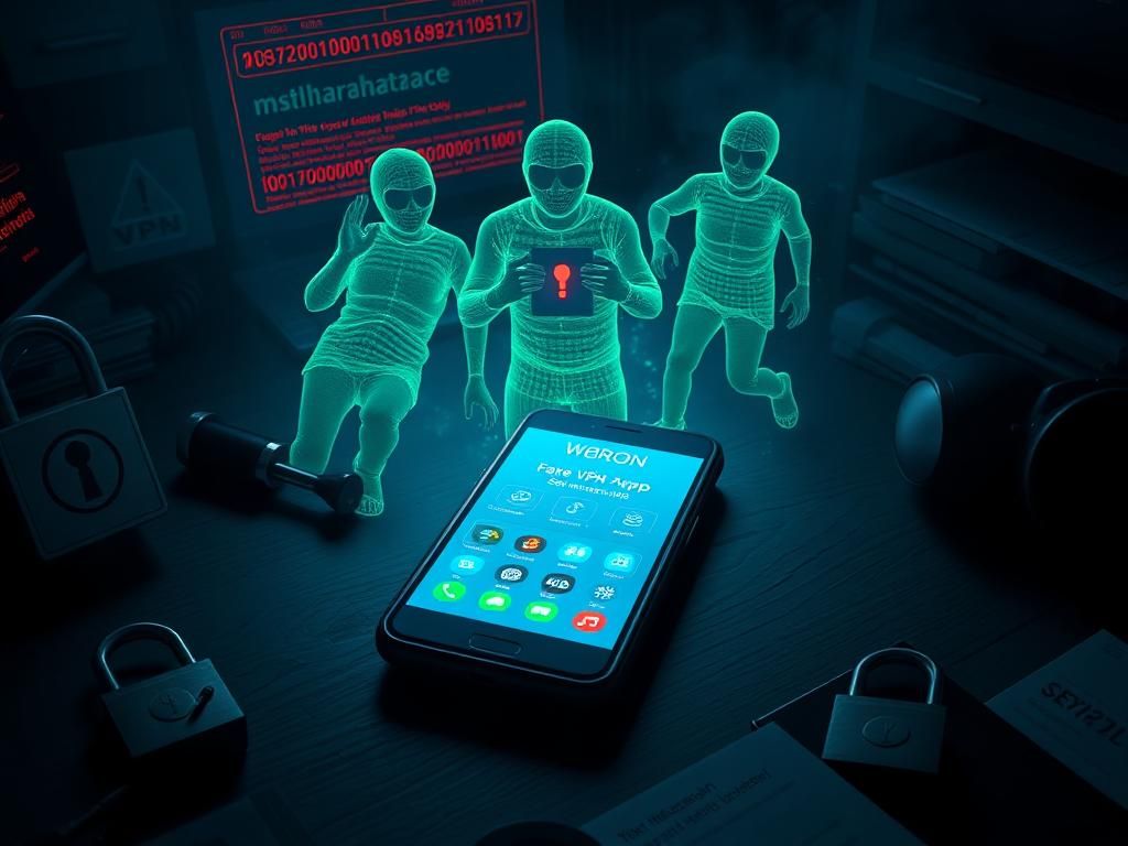 Flick International smartphone displaying a fake VPN app interface on a dark desk surrounded by shadows and malicious digital threats